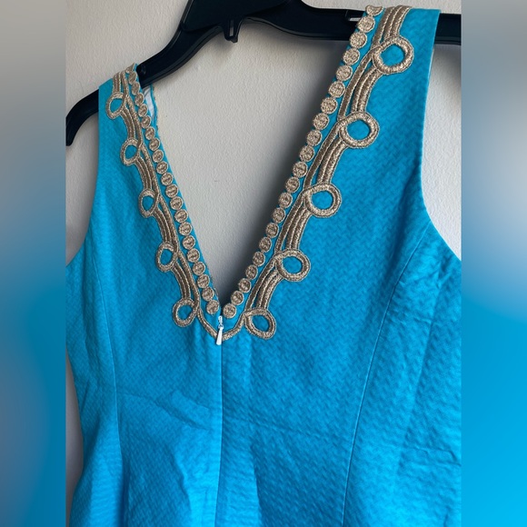 Lilly Pulitzer Bentley Shift Dress Searulean Blue Gold Embroidered Size 10 - Picture 9 of 13